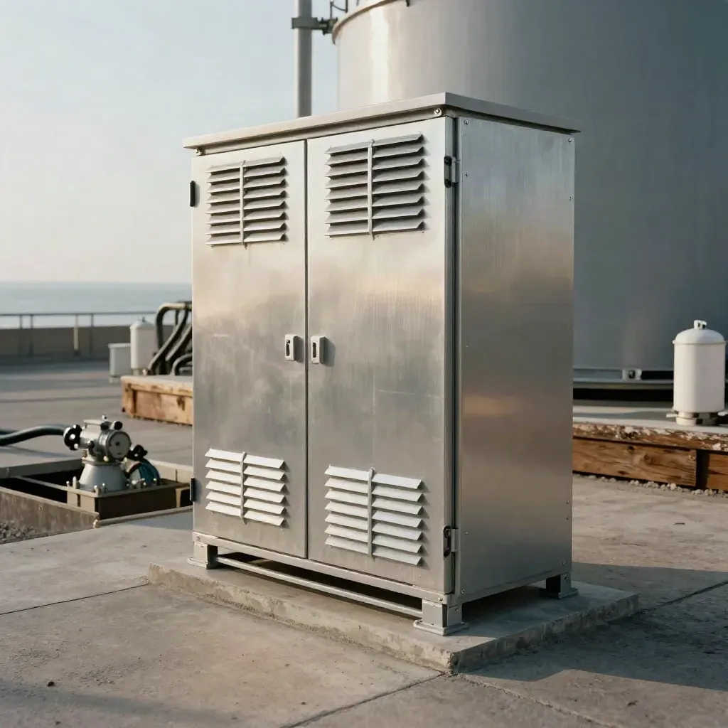 Battery storage cabinet on concrete pad with transformer plinth and heat shimmer