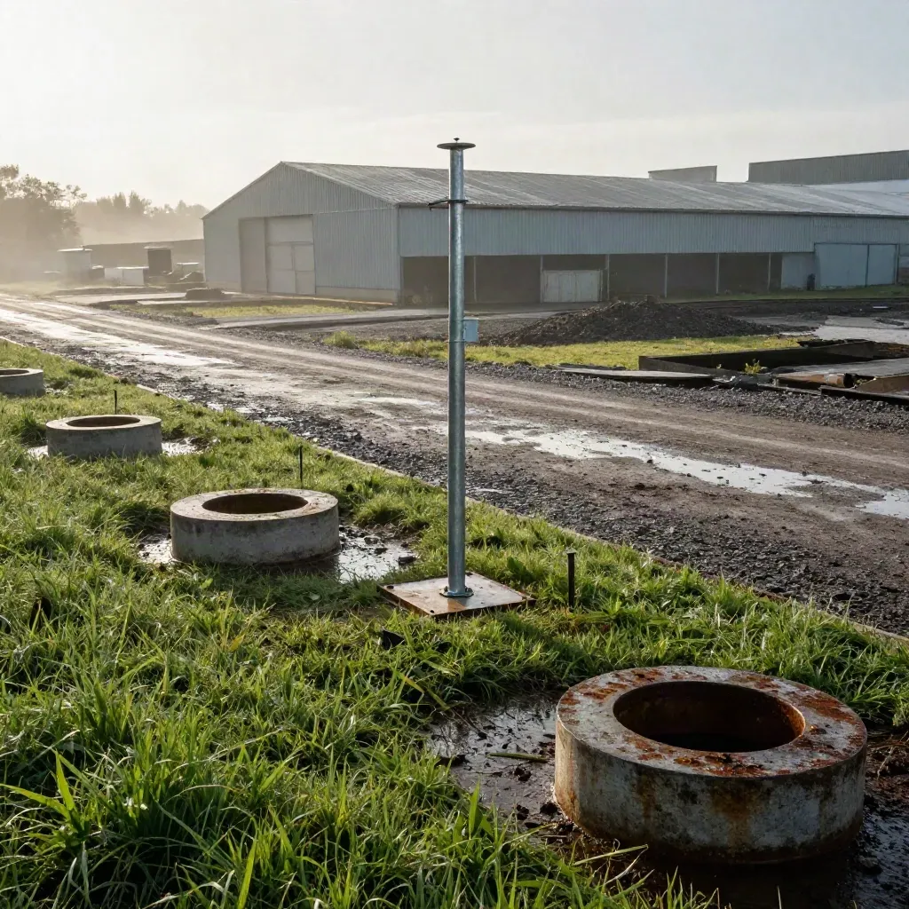 Brownfield feasibility site with met mast, survey pegs, borehole caps and a warehouse roofline in morning haze.