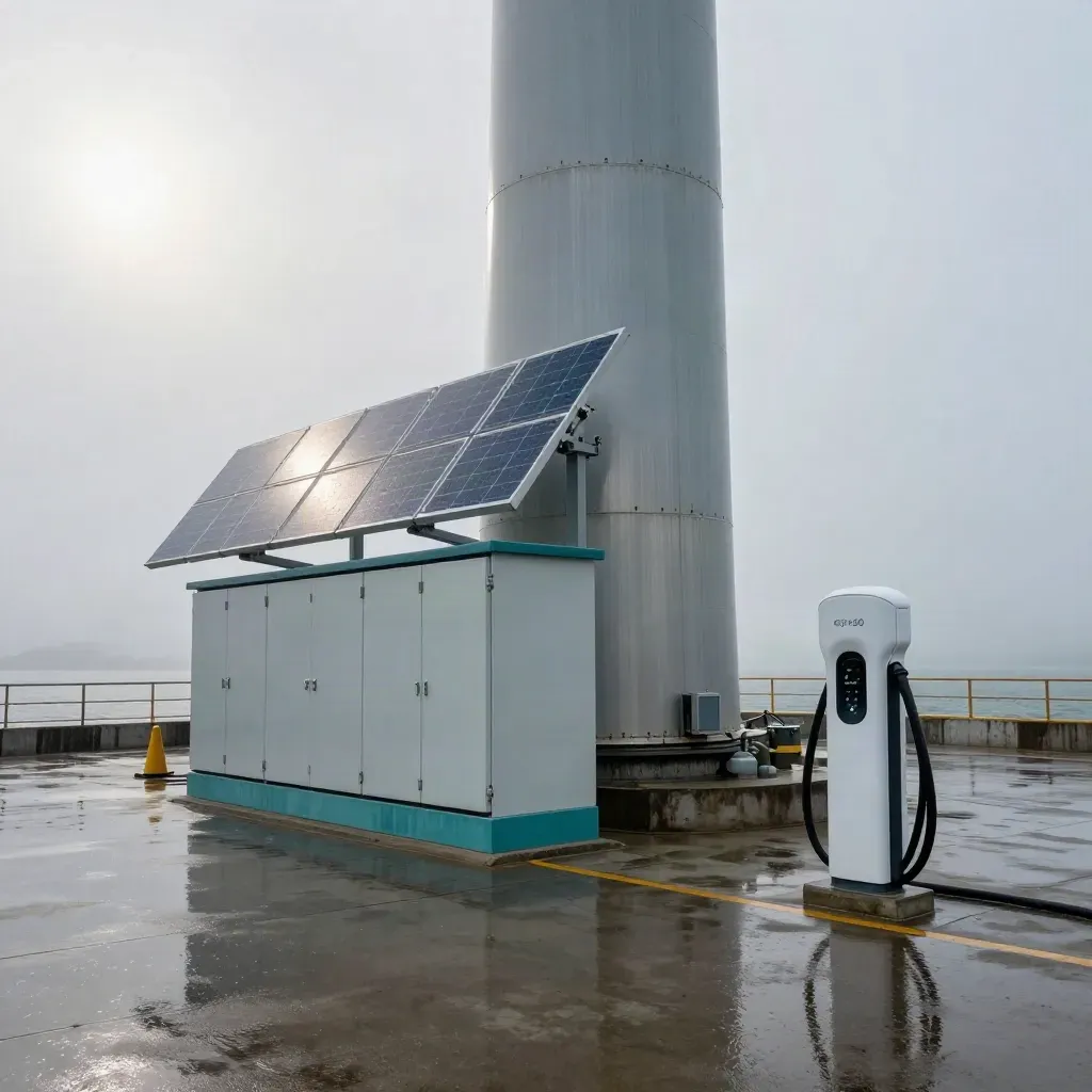 Coastal renewable energy yard with turbine section, solar stack, battery cabinet and EV charger in sea mist.