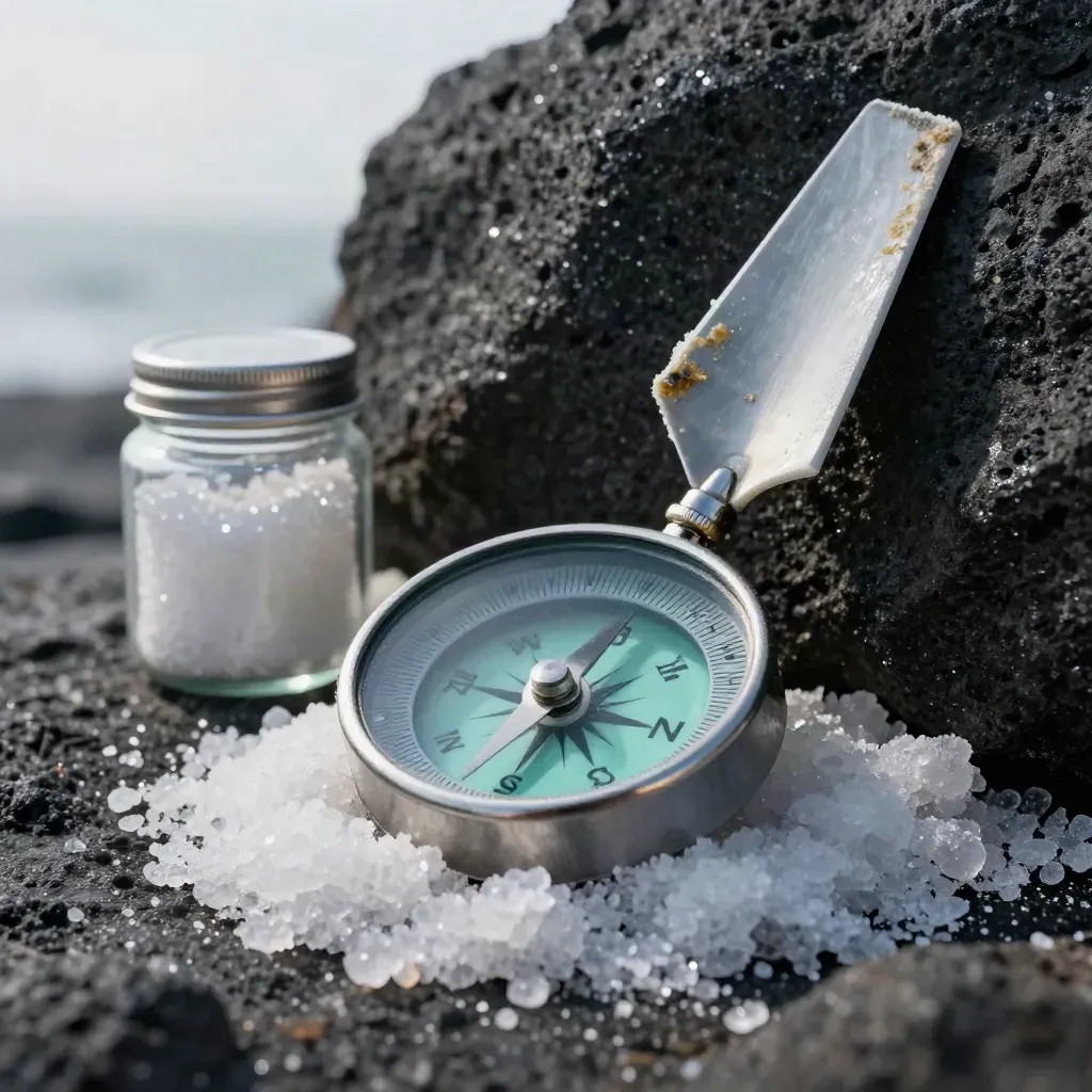 Macro still life of a wind compass, salt-crusted sample jar and turbine blade offcut on dark stone.