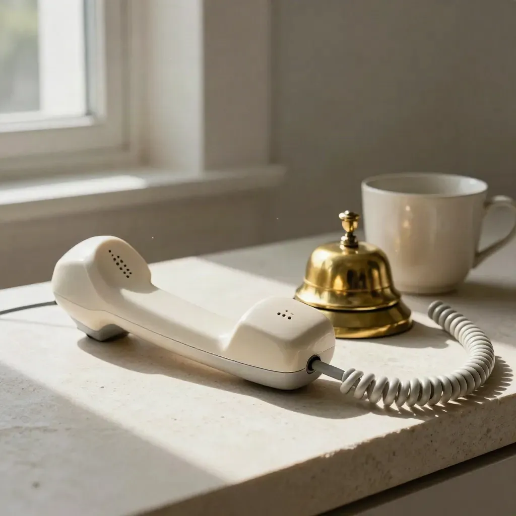 Handset, brass bell and coiled cord on pale stone beside a cream cup
