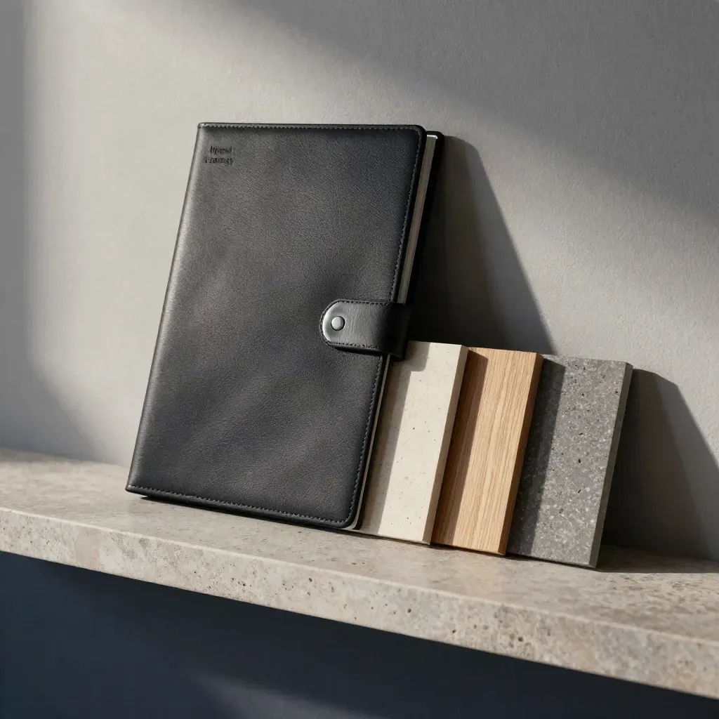 Closed black folder, metal clip, and three material swatches on a limestone shelf