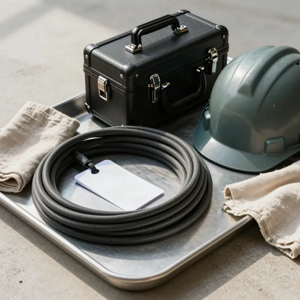 Coiled cable, field case, shipping tag and hard hat on a metal tray beside linen cloth.