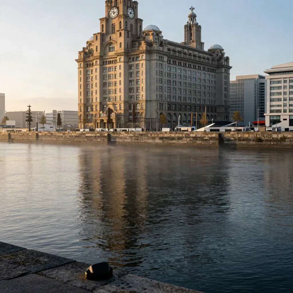 Liverpool waterfront at sunset haze with the Liver Buildings above a calm Mersey