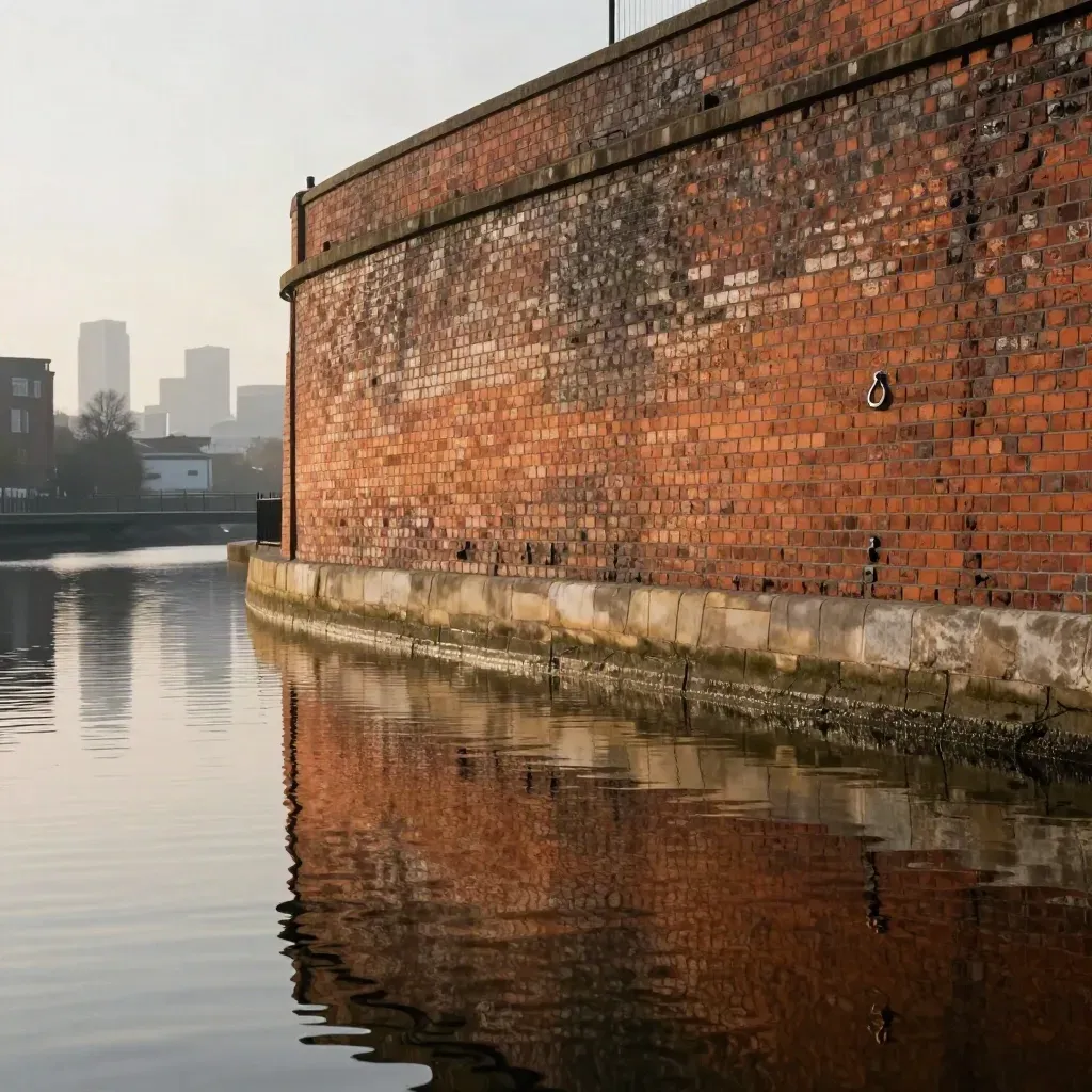 Birmingham canal edge in warm haze, red brick and skyline reflected in still water.